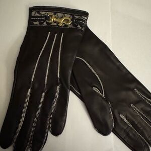Coach Black Leather Driving Gloves with Gold Detail and Signature C Pattern